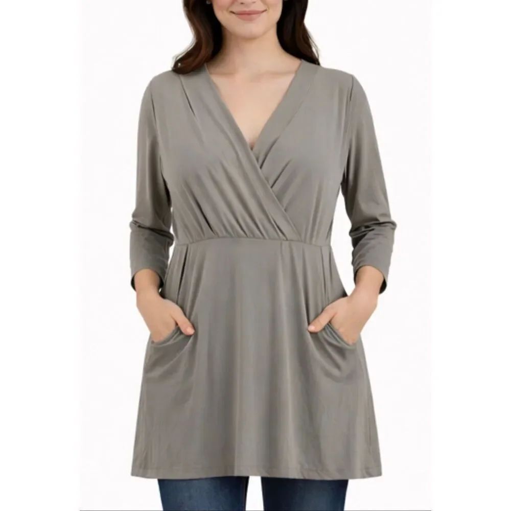 Garnet Hill grey faux wrap pocket tunic dress size m